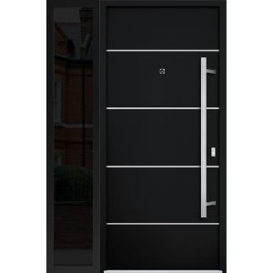 Front Exterior Prehung Steel Door / Deux 6083 Black Enamel / Sidelight Exterior Window Sidelite / Stainless Inserts Entry Metal Modern Painted W36+12" x H80" Left hand Inswing