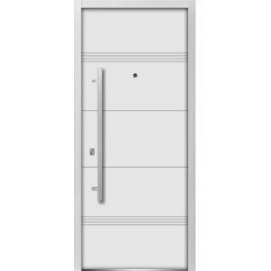 Front Exterior Prehung Steel Door / Deux 1705 White Enamel / Stainless Inserts Single Modern Painted