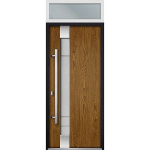 Front Exterior Prehung Steel Door / Deux 1713 Natural Oak / Transom White Window / Stainless Inserts Single Modern Painted-W36" x H80+16"-Right-hand Inswing