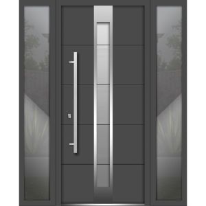 Front Exterior Prehung Steel Door / Deux 1717 Gray Graphite / Stainless Inserts Single Modern Painted-W60" x H80"-Right-hand Inswing