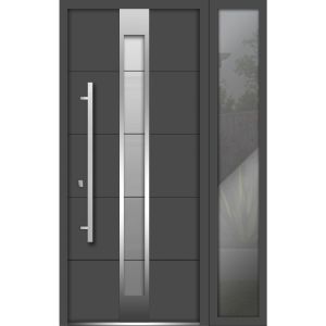 Front Exterior Prehung Steel Door / Deux 1717 Gray Graphite / Stainless Inserts Single Modern Painted-W48" x H80"-Right-hand Inswing