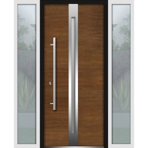 Front Exterior Prehung Steel Door / Deux 1744 Natural Oak / 2 Side Exterior White Windows / Stainless Inserts Single Modern Painted-W12+36+12" x H80"-Right-hand Inswing
