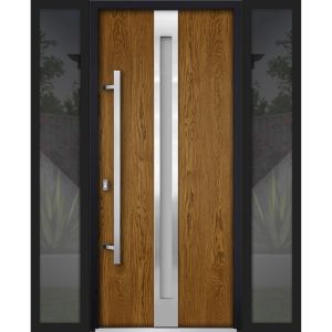 Front Exterior Prehung Steel Door / Deux 1744 Natural Oak / 2 Sidelight Exterior Black Windows / Stainless Inserts Single Modern Painted-W12+36+12" x H80"-Right-hand Inswing