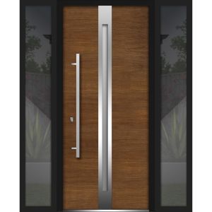 Front Exterior Prehung Steel Door / Deux 1744 Natural Oak / 2 Side Exterior Black Windows / Stainless Inserts Single Modern Painted-W12+36+12" x H80"-Right-hand Inswing