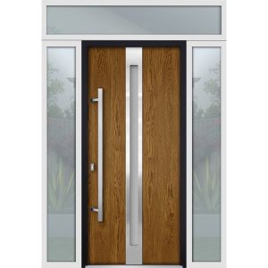 Front Exterior Prehung Steel Door / Deux 1744 Natural Oak / 2 Sidelight and Transom White Window / Stainless Inserts Single Modern Painted-W12+36+12" x H80+16"-Right-hand Inswing