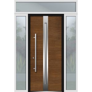 Front Exterior Prehung Steel Door / Deux 1744 Natural Oak / 2 Side and Top Exterior White Window / Stainless Inserts Single Modern Painted-W12+36+12" x H80+16"-Right-hand Inswing