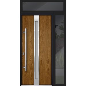 Front Exterior Prehung Steel Door / Deux 1744 Natural Oak / Sidelight and Transom Black Window / Stainless Inserts Single Modern Painted-W36+12" x H80+16"-Right-hand Inswing
