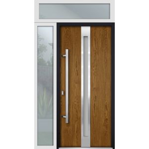 Front Exterior Prehung Steel Door / Deux 1744 Natural Oak / Sidelight and Transom White Window / Stainless Inserts Single Modern Painted-W36+12" x H80+16"-Right-hand Inswing