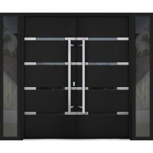 Front Exterior Prehung Steel Double Doors / Deux 1105 Black Enamel / 2 Sidelight Exterior Windows / Stainless Inserts Double Modern Painted-Left Hand-W12+72+12" x H80"