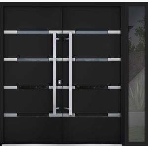 Front Exterior Prehung Steel Double Doors / Deux 1105 Black Enamel / Sidelight Exterior Window / Stainless Inserts Double Modern Painted-Left Hand-W72+12" x H80"