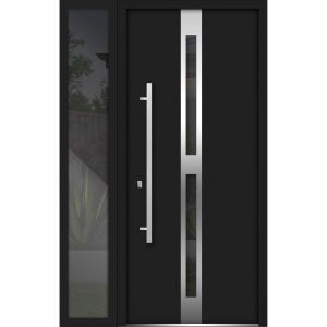 Front Exterior Prehung Steel Door / Deux 1755 Black Enamel / Sidelight Exterior Window /  Stainless Inserts Single Modern Painted-W36+12" x H80"-Right-hand Inswing