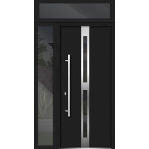 Front Exterior Prehung Steel Door / Deux 1755 Black Enamel / Sidelight and Transom Window / Stainless Inserts Single Modern Painted-W36+12" x H80+16"-Right-hand Inswing