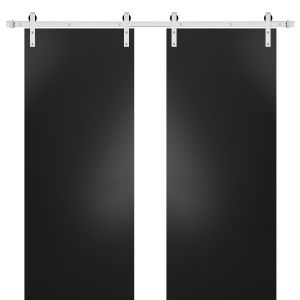 Sturdy Double Barn Door with Hardware | Planum 0010 Matte Black | Silver 13FT Rail Hangers Heavy Set | Modern Solid Panel Interior Doors