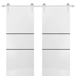 Sturdy Double Barn Door with Hardware | Planum 0014 White Silk and Aluminum Strips | Silver 13FT Rail Hangers Heavy Set | Modern Solid Panel Interior Doors