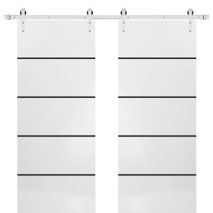 Sturdy Double Barn Door with Hardware | Planum 0015 White Silk | Silver 13FT Rail Hangers Heavy Set | Modern Solid Panel Interior Doors
