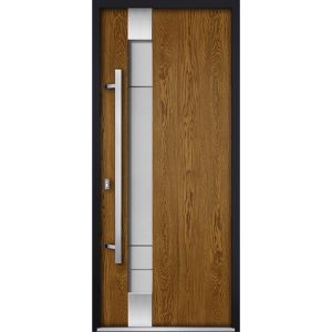 Front Exterior Prehung Steel Door / Deux 1713 Natural Oak / Transom Black Window / Stainless Inserts Single Modern Painted