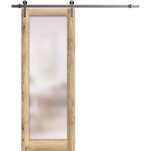 Sturdy Barn Door | Planum 2102 Oak with Frosted Glass | 6.6FT Rail Hangers Heavy Hardware Set | Solid Panel Interior Doors