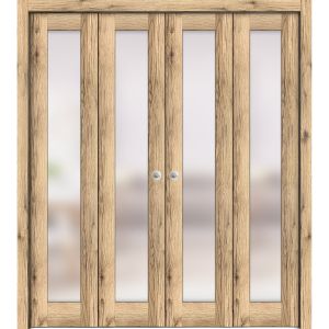 Sliding Closet Double Bi-fold Doors | Planum 2102 Oak with Frosted Glass | Sturdy Tracks Moldings Trims Hardware Set | Wood Solid Bedroom Wardrobe Doors 