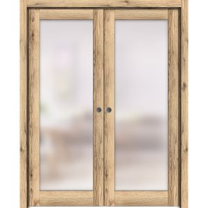 Sliding French Double Pocket Doors | Planum 2102 Oak with Frosted Glass | Kit Trims Rail Hardware | Solid Wood Interior Bedroom Sturdy Doors