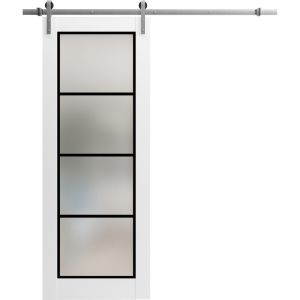 Sturdy Barn Door | Planum 2132 White Silk with Frosted Glass and Aluminum Strips | 6.6FT Silver Rail Hangers Heavy Hardware Set | Modern Solid Panel Interior Doors