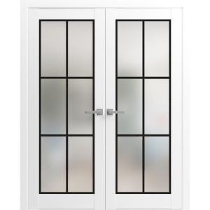 Solid French Double Doors | Planum 2122 White Silk with Frosted Glass | Wood Solid Panel Frame Trims | Closet Bedroom Sturdy Doors