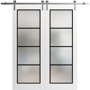 Sturdy Double Barn Door | Planum 2132 White Silk with Frosted Glass | 13FT Silver Rail Hangers Heavy Set | Solid Panel Interior Doors