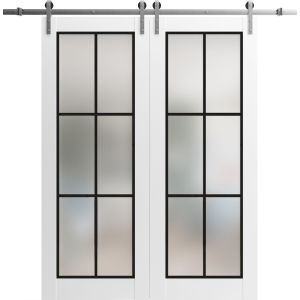 Sturdy Double Barn Door | Planum 2122 White Silk with Frosted Glass | 13FT Silver Rail Hangers Heavy Set | Solid Panel Interior Doors