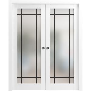 Sliding French Double Pocket Doors | Planum 2112 White Silk with Frosted Glass and Aluminum Strips | Kit Trims Rail Hardware | Solid Wood Interior Bedroom Sturdy Doors