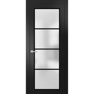 Solid French Door | Planum 2132 Matte Black with Frosted Glass | Wood Solid Panel Frame Trims | Closet Bedroom Sturdy Doors