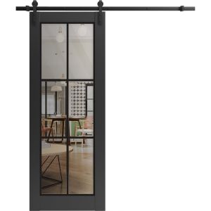 Sturdy Barn Door | Lucia 2366 Matte Black with Clear Glass | 6.6FT Black Rail Hangers Heavy Hardware Set | Modern Solid Panel Interior Doors