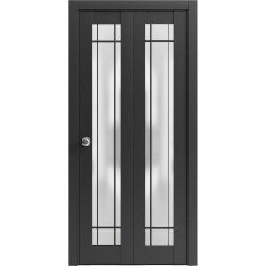 Sliding Closet Bi-fold Doors | Planum 2112 Matte Black with Frosted Glass | Sturdy Tracks Moldings Trims Hardware Set | Wood Solid Bedroom Wardrobe Doors 