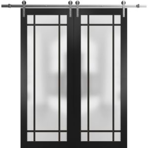 Sturdy Double Barn Door | Planum 2112 Matte Black with Frosted Glass | 13FT Silver Rail Hangers Heavy Set | Modern Solid Panel Interior Doors