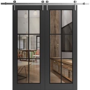 Sturdy Double Barn Door | Lucia 2366 Matte Black with Clear Glass | 13FT Rail Hangers Heavy Set | Solid Panel Interior Doors