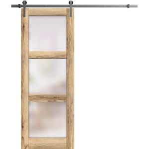 Sturdy Barn Door | Lucia 2552 Oak with Frosted Glass | 6.6FT Rail Hangers Heavy Hardware Set | Solid Panel Interior Doors