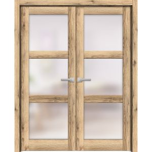 Solid French Double Doors | Lucia 2552 Oak with Frosted Glass | Wood Solid Panel Frame Trims | Closet Bedroom Sturdy Doors 