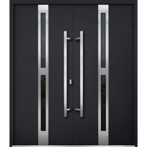 Front Exterior Prehung Steel Double Doors / Deux 1755 Black Enamel / Stainless Inserts Single Modern Painted