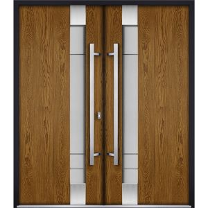 Front Exterior Prehung Steel Double Doors / Deux 1713 Natural Oak / Stainless Inserts Single Modern Painted
