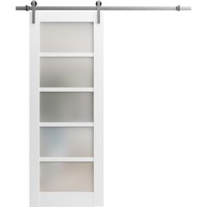 Sturdy Barn Door | Quadro 4002 White Silk with Frosted Glass | Silver 6.6FT Rail Hangers Heavy Hardware Set | Solid Panel Interior Doors