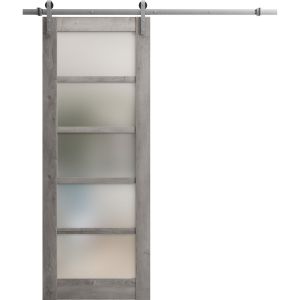 Sturdy Barn Door | Quadro 4002 Nebraska Grey with Frosted Glass | 6.6FT Rail Hangers Heavy Hardware Set | Solid Panel Interior Doors