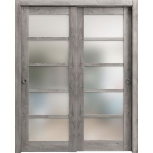 Sliding Closet Bypass Doors | Quadro 4002 Nebraska Grey with Frosted Glass | Sturdy Rails Moldings Trims Hardware Set | Wood Solid Bedroom Wardrobe Doors 