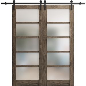 Sturdy Double Barn Door | Quadro 4002 Cognac Oak with Frosted Glass | 13FT Rail Hangers Heavy Set | Solid Panel Interior Doors