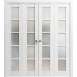 Sliding Closet Double Bi-fold Doors | Quadro 4002 Nordic White with Frosted Glass | Sturdy Tracks Moldings Trims Hardware Set | Wood Solid Bedroom Wardrobe Doors 