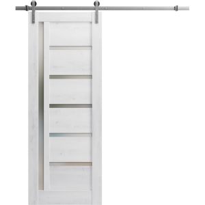 Sturdy Barn Door | Quadro 4088 Nordic White with Frosted Glass | 6.6FT Rail Hangers Heavy Hardware Set | Solid Panel Interior Doors