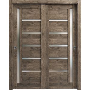 Sliding Closet Bypass Doors | Quadro 4088 Cognac Oak with Frosted Glass | Sturdy Rails Moldings Trims Hardware Set | Wood Solid Bedroom Wardrobe Doors 