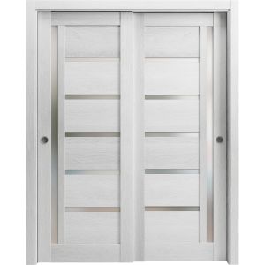 Sliding Closet Bypass Doors | Quadro 4088 Light Grey Oak with Frosted Glass | Sturdy Rails Moldings Trims Hardware Set | Wood Solid Bedroom Wardrobe Doors 