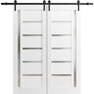 Sturdy Double Barn Door with | Quadro 4088 White Silk with Frosted Glass | 13FT Rail Hangers Heavy Set | Solid Panel Interior Doors