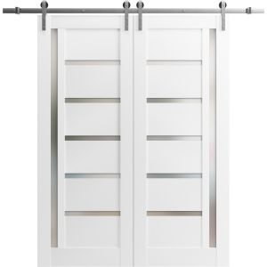 Sturdy Double Barn Door with | Quadro 4088 White Silk with Frosted Glass | Silver 13FT Rail Hangers Heavy Set | Solid Panel Interior Doors