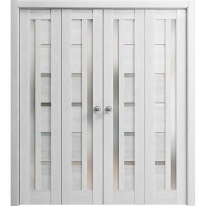 Sliding Closet Double Bi-fold Doors | Quadro 4088 Light Grey Oak with Frosted Glass | Sturdy Tracks Moldings Trims Hardware Set | Wood Solid Bedroom Wardrobe Doors 