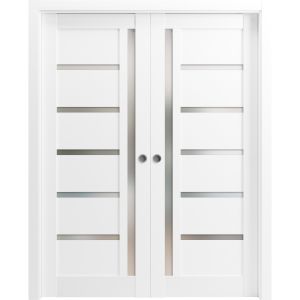 Sliding French Double Pocket Doors | Quadro 4088 White Silk with Frosted Glass | Kit Trims Rail Hardware | Solid Wood Interior Bedroom Sturdy Doors
