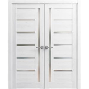 Solid French Double Doors | Quadro 4088 Nordic White with Frosted Glass | Wood Solid Panel Frame Trims | Closet Bedroom Sturdy Doors 